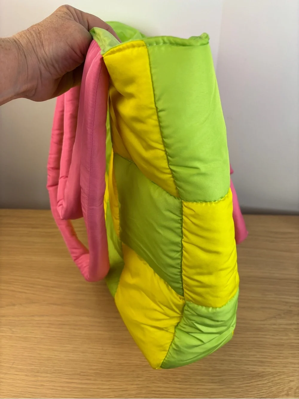 Fruit Riot! Puffy Quilted Green Yellow Checkered Tote Bag Pink Handles LIKE NEW!